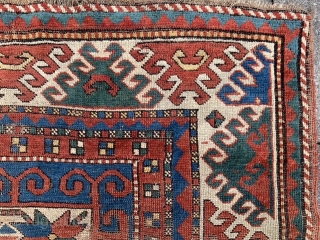 Caucasian Kazak Karatchoph/Bordjalou, late 19th century, 4-8 x 7-2 (142 x 218), rug was hand washed, browns oxidized, worn, original side bindings, one end original braiding, original ends, nice colors, super green,  ...