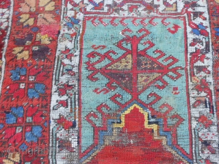 Turkish Konya Prayer Rug, Mid 19th century, 3-3 x 4-7 (.99 x 1.40), wear, oxidation, missing bottom guard border, missing half of top guard border, old repairs, rug was hand washed, plus  ...