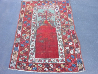 Turkish Konya Prayer Rug, Mid 19th century, 3-3 x 4-7 (.99 x 1.40), wear, oxidation, missing bottom guard border, missing half of top guard border, old repairs, rug was hand washed, plus  ...