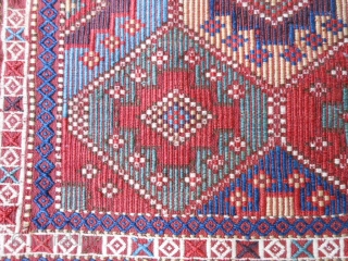 Persian Shah Savan Verneh bag face, late 19th century, 1-6 x 1-7 (.46 x .48), hand washed, ends frayed, weft wrapping technique, very good condition, great colors, plus shipping.    