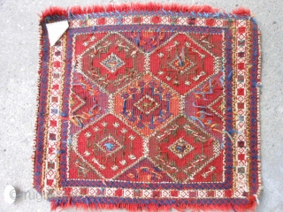 Persian Shah Savan Verneh bag face, late 19th century, 1-6 x 1-7 (.46 x .48), hand washed, ends frayed, weft wrapping technique, very good condition, great colors, plus shipping.    