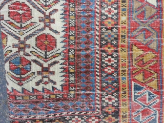 Caucasian Daghestan Prayer rug, late 19th century, 3-11 x 4-8 (1.19 x 1.42), original ends with knotted fringe, original edges, good condition, 2 small creases, browns oxidized, I washed this rug, two  ...