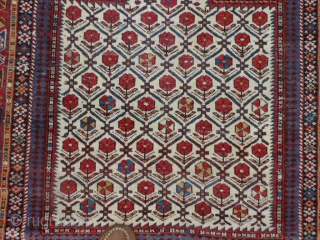 Caucasian Daghestan Prayer rug, late 19th century, 3-11 x 4-8 (1.19 x 1.42), original ends with knotted fringe, original edges, good condition, 2 small creases, browns oxidized, I washed this rug, two  ...