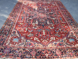 Persian Heriz, 8-11 x 12-3 (2.72 x 3.73), circa 1930, very good condition, full thick pile, original twisted fringe, original edges, was dusted (no dirt), was stored in attic (never used).  