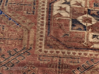 Persian Baluch, mid 19th century, 2-10 x 4-10 (86 x 147),  rug was hand washed, partial kilim ends, great Aubergine in rug and kilim, hole in middle, wear, Turkoman Guls, browns  ...