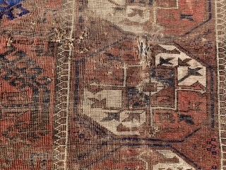 Persian Baluch, mid 19th century, 2-10 x 4-10 (86 x 147),  rug was hand washed, partial kilim ends, great Aubergine in rug and kilim, hole in middle, wear, Turkoman Guls, browns  ...