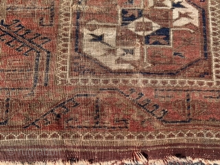 Persian Baluch, mid 19th century, 2-10 x 4-10 (86 x 147),  rug was hand washed, partial kilim ends, great Aubergine in rug and kilim, hole in middle, wear, Turkoman Guls, browns  ...