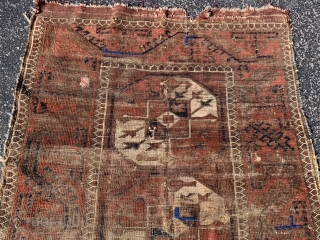 Persian Baluch, mid 19th century, 2-10 x 4-10 (86 x 147),  rug was hand washed, partial kilim ends, great Aubergine in rug and kilim, hole in middle, wear, Turkoman Guls, browns  ...