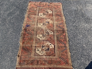 Persian Baluch, mid 19th century, 2-10 x 4-10 (86 x 147),  rug was hand washed, partial kilim ends, great Aubergine in rug and kilim, hole in middle, wear, Turkoman Guls, browns  ...