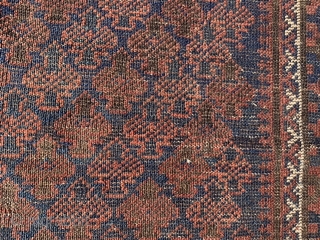 Persian Timuri Baluch, late 19th century, 3-4 x 4-11 (102 x 150), hand washed, browns oxidized, wear, super blue, partial kilim ends, overcast, ask for high definition pics, plus shipping.   