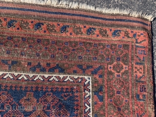 Persian Timuri Baluch, late 19th century, 3-4 x 4-11 (102 x 150), hand washed, browns oxidized, wear, super blue, partial kilim ends, overcast, ask for high definition pics, plus shipping.   