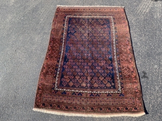 Persian Timuri Baluch, late 19th century, 3-4 x 4-11 (102 x 150), hand washed, browns oxidized, wear, super blue, partial kilim ends, overcast, ask for high definition pics, plus shipping.   