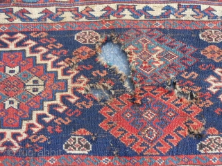 Persian Veramin, late 19th century, 1-4 x 3-7 (.41 x 1.09). lots of moth damage, hand washed, no moths, no rot, damage only where moths were (holes), strong rug base and pile,  ...