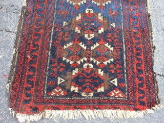 Persian Baluch Balisht, late 19th century, 1-10 x 2-10 (.56 x .86), missing ends, missing sides, hand washed, decent pile, browns oxidized, sky blue and navy blue, floppy handle, no rot, plus  ...