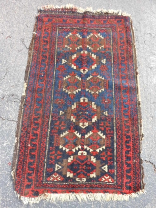 Persian Baluch Balisht, late 19th century, 1-10 x 2-10 (.56 x .86), missing ends, missing sides, hand washed, decent pile, browns oxidized, sky blue and navy blue, floppy handle, no rot, plus  ...