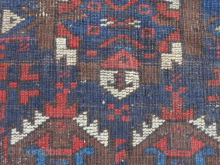 Persian Baluch Balisht, late 19th century, 1-10 x 2-10 (.56 x .86), missing ends, missing sides, hand washed, decent pile, browns oxidized, sky blue and navy blue, floppy handle, no rot, plus  ...