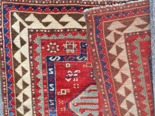 Caucasian Kazak Prayer Rug, 3-1 x 4-4, good even pile, some slight wear, good colors, late 19th century,original edges, bottom missing barber pole guard border,rug is dated, ends have been overcast, I  ...