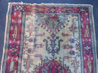 Turkish Oushak, circa 1920, 3-7 x 6-3 (1.09 x 1.90), wear, end loss, rug has been washed, plus shipping.              