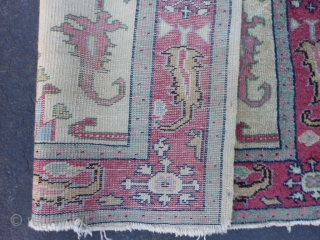 Turkish Oushak, circa 1920, 3-7 x 6-3 (1.09 x 1.90), wear, end loss, rug has been washed, plus shipping.              