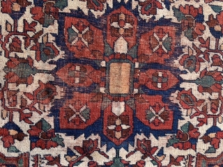 Persian Qashqai, late 19th century, 4-4 x 6-6 (132 x 198), rug was hand washed, wear, floppy handle, both ends have part of original kilim, slit one end sewn up. one end  ...