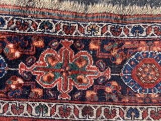 Persian Qashqai, late 19th century, 4-4 x 6-6 (132 x 198), rug was hand washed, wear, floppy handle, both ends have part of original kilim, slit one end sewn up. one end  ...