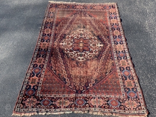 Persian Qashqai, late 19th century, 4-4 x 6-6 (132 x 198), rug was hand washed, wear, floppy handle, both ends have part of original kilim, slit one end sewn up. one end  ...