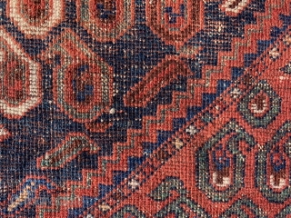 Persian Qashqai, late 19th century, 4-4 x 6-6 (132 x 198), rug was hand washed, wear, floppy handle, both ends have part of original kilim, slit one end sewn up. one end  ...