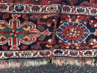 Persian Qashqai, late 19th century, 4-4 x 6-6 (132 x 198), rug was hand washed, wear, floppy handle, both ends have part of original kilim, slit one end sewn up. one end  ...