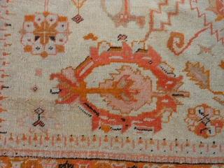 Turkish Oushak, late 19th century, 9-1 x 10-11 (2.77 x 3.33), good condition, original ends and edges, great colors, rug is clean, good pile, some wear, wool foundation, some old small repairs,  ...