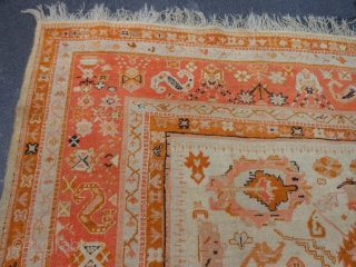 Turkish Oushak, late 19th century, 9-1 x 10-11 (2.77 x 3.33), good condition, original ends and edges, great colors, rug is clean, good pile, some wear, wool foundation, some old small repairs,  ...