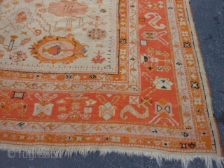 Turkish Oushak, late 19th century, 9-1 x 10-11 (2.77 x 3.33), good condition, original ends and edges, great colors, rug is clean, good pile, some wear, wool foundation, some old small repairs,  ...