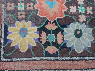 American Hooked Rug, circa 1900, 3-9 x 6-6, edges need some work (binding), good condition,has some weak areas in foundation, cotton and wool fabric, needs a wash.      