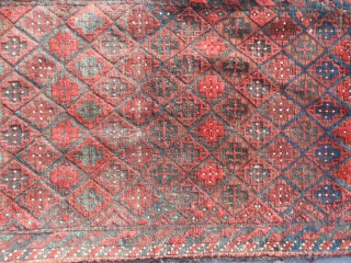 Persian Baluch Balisht bag, late 19th century, 1-6 x 2-9 (.46 x .84), good condition, 3 shades of red, blacks and browns oxidized, cruciforms, rug was washed, plus shipping.    