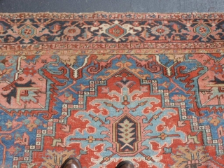 Persian Heriz, circa 1920, 8-8 x 12-4 (2.64 x 3.76), needs wash, original edges almost complete, some end loss one end, good condition with 3 small areas of wear (see second and  ...