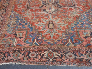 Persian Heriz, circa 1920, 8-8 x 12-4 (2.64 x 3.76), needs wash, original edges almost complete, some end loss one end, good condition with 3 small areas of wear (see second and  ...