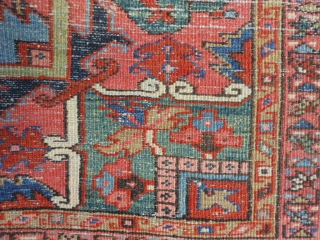 Persian Heriz, circa 1920, 8-8 x 12-4 (2.64 x 3.76), needs wash, original edges almost complete, some end loss one end, good condition with 3 small areas of wear (see second and  ...