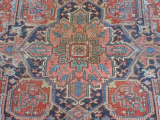 Persian Heriz, circa 1920, 8-8 x 12-4 (2.64 x 3.76), needs wash, original edges almost complete, some end loss one end, good condition with 3 small areas of wear (see second and  ...