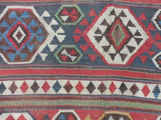 Caucasian Shirvan Kilim, 4-10 x 8-11 (1.47 x 2.72), late 19th century, original ends, good colors, slit tapestry weave, browns oxidized a lot, edges need work,       