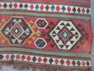 Caucasian Shirvan Kilim, 4-10 x 8-11 (1.47 x 2.72), late 19th century, original ends, good colors, slit tapestry weave, browns oxidized a lot, edges need work,       