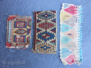 Three 19th century Fragments: Soumac, 6" x 7" (.15 x .18), Kuba border 5" x 10" (.13 x .25), Turkish Kilim, 5" x 12" (.13 x .31), fragments were washed, plus shipping. 