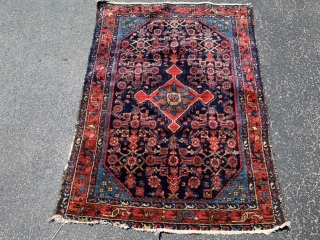 Persian Hamadan, early 20th century, 3-3 x 4-6 (99 x 137), rug was hand washed, good pile, minor end loss one end, complete original selvage other end, plus shipping.    