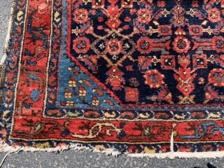 Persian Hamadan, early 20th century, 3-3 x 4-6 (99 x 137), rug was hand washed, good pile, minor end loss one end, complete original selvage other end, plus shipping.    