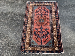 Persian Hamadan, early 20th century, 2-9 x 4-2 (84 x 127), rug was hand washed, wear, minor end loss, decent pile, interesting design, high definition pics available, plus shipping.    