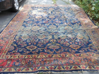 Persian Mahal, early 20th century, 10-6 x 13-6 (3.20 x 4.11), worn, holes, needs wash, plus shipping.                