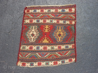 Shah Savan Soumac Mafrash end panel, late 19th century, 1-6 x 1-9 (.46 x .53), good condition, weft wrapping technique, plus shipping.           