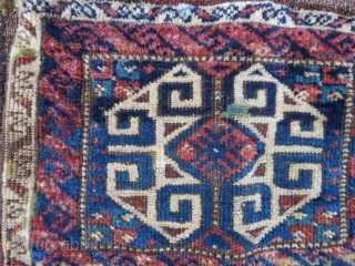 Persian Baluch Chanteh Bag, late 19th century, 1-0 x 1-3 (.31 x .38), blacks and browns oxidized, plain weave back, wear, stain, old repair, rug was washed, plus shipping.    