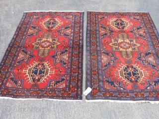 Persian Karaja's Pair, 3-6 x 5, 3-5 x 4-11 (1.07 x 1.52, 1.04 x 1.50), circa 1910, very good condition, good pile, no repairs, original edges, original ends with fringe, fine weave,  ...