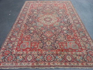 Persian Tabriz, early 20th century, 7-6 x 11-0 (2.29 x 3.35), rug has been washed, no hard spots or rot or smells, minor end loss one end, wear, 2" hole, red dye  ...