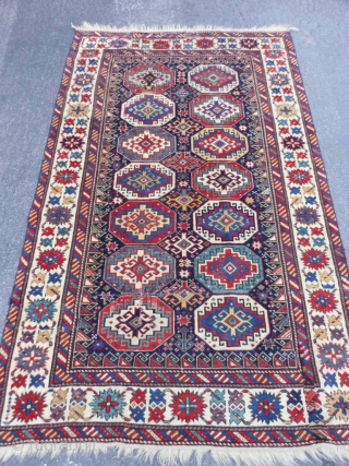 Caucasian Kuba/Shirvan, late 19th century, 3-11 x 6-2 (1.19 x 1.88), Moghan design, rug was hand washed, original ends, saturated colors, super green and purple, good pile, missing outer minor guard border  ...