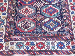 Caucasian Kuba/Shirvan, late 19th century, 3-11 x 6-2 (1.19 x 1.88), Moghan design, rug was hand washed, original ends, saturated colors, super green and purple, good pile, missing outer minor guard border  ...